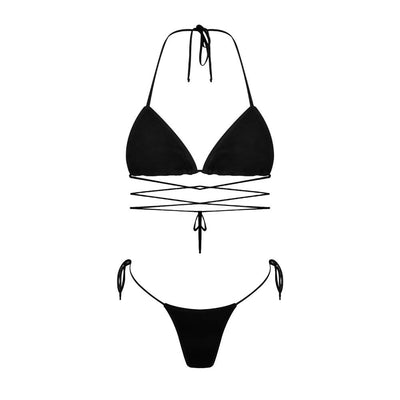 Woman in a light blue patterned triangle bikini with tie-side bottoms on a sandy beach with palm trees. - Image 39