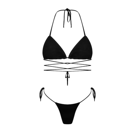 Woman in a light blue patterned triangle bikini with tie-side bottoms on a sandy beach with palm trees. - Image 39
