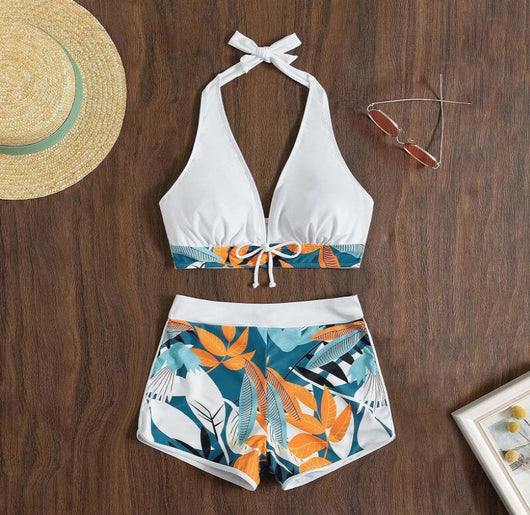 Traje de Baño Dos Piezas con Estampado de Hojas y Shorts Ajustables - Image 16