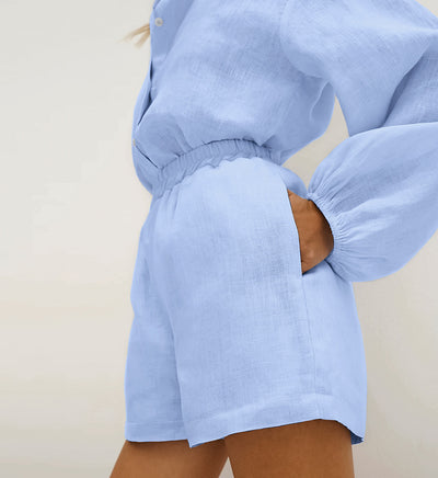 Conjunto Dos Piezas: Camisa Azul de Algodón Manga Larga y Shorts - Image 8