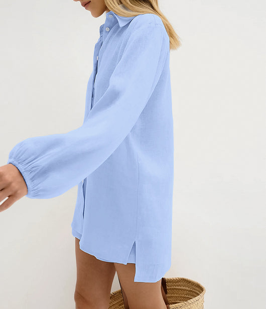 Conjunto Dos Piezas: Camisa Azul de Algodón Manga Larga y Shorts - Image 10