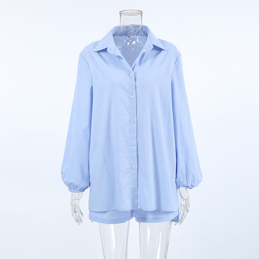 Conjunto Dos Piezas: Camisa Azul de Algodón Manga Larga y Shorts - Image 11
