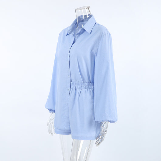 Conjunto Dos Piezas: Camisa Azul de Algodón Manga Larga y Shorts - Image 16