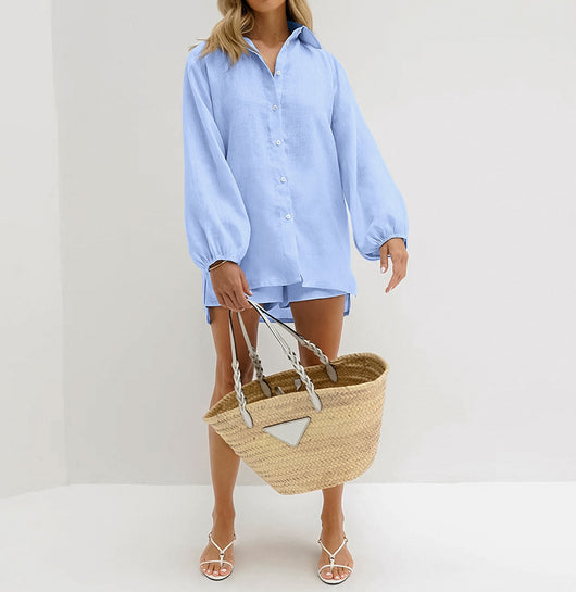 Conjunto Dos Piezas: Camisa Azul de Algodón Manga Larga y Shorts - Image 18