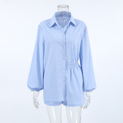 Conjunto Dos Piezas: Camisa Azul de Algodón Manga Larga y Shorts - Image 19