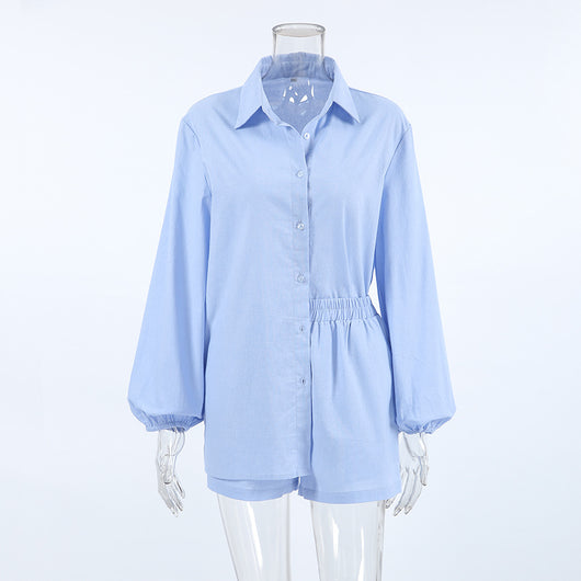 Conjunto Dos Piezas: Camisa Azul de Algodón Manga Larga y Shorts - Image 19