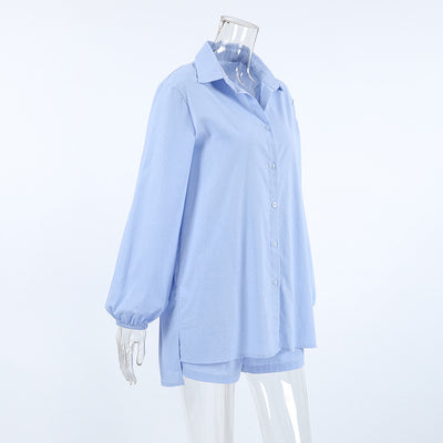 Conjunto Dos Piezas: Camisa Azul de Algodón Manga Larga y Shorts - Image 23
