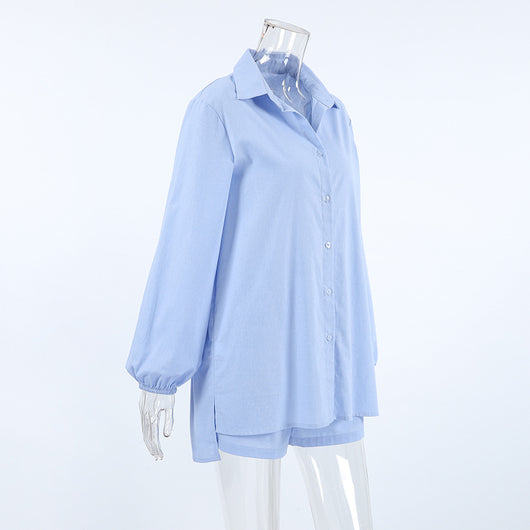 Conjunto Dos Piezas: Camisa Azul de Algodón Manga Larga y Shorts - Image 23