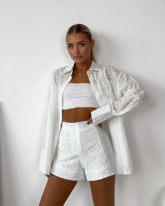 Conjunto de Blusa y Shorts Jacquard Suelto para Mujer - Image 8