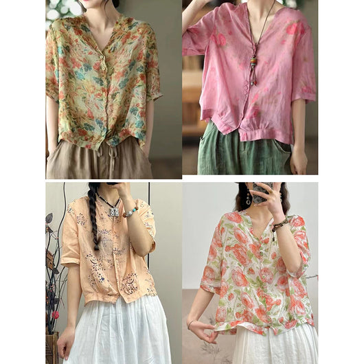 Blusa Casual Plus Size con Escote en V y Costuras Artísticas en Ramio - Image 15