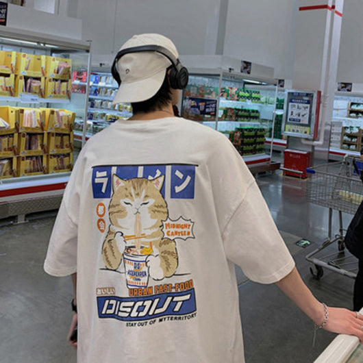 Playera Holgada con Estampa de Gato Estilo Coreano Manga Corta para Hombre - Image 13