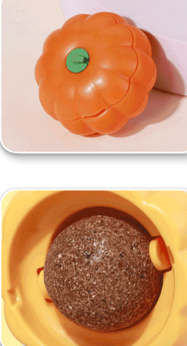 Dark green pumpkin-shaped catnip ball dispenser with a light green stem-like cap for cats. - Image 11
