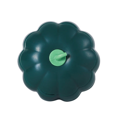 Dark green pumpkin-shaped catnip ball dispenser with a light green stem-like cap for cats. - Image 12