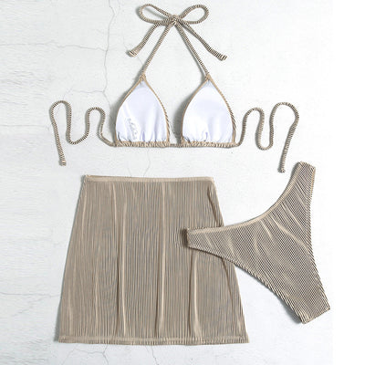 Light green ribbed bikini set featuring a triangle halter top and a matching high-waisted mini skirt. - Image 15