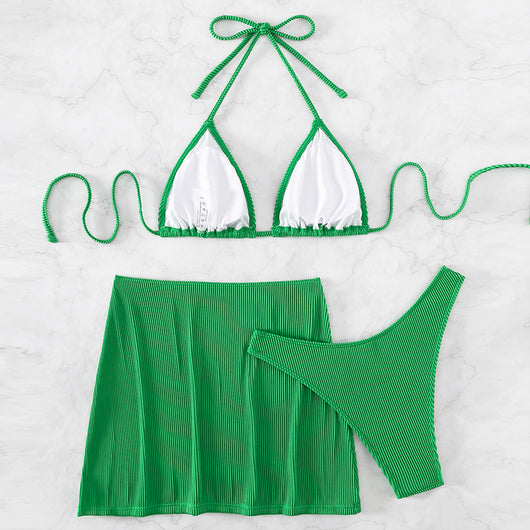Light green ribbed bikini set featuring a triangle halter top and a matching high-waisted mini skirt. - Image 16