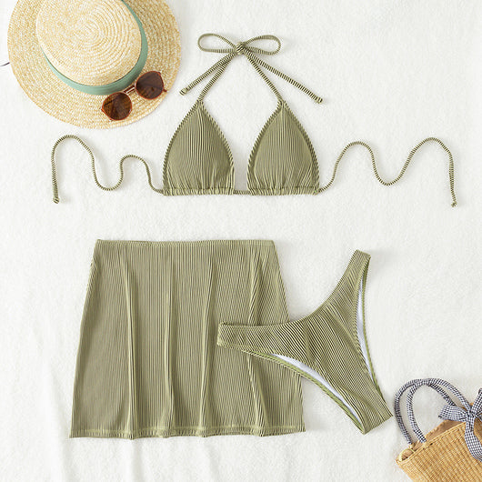 Light green ribbed bikini set featuring a triangle halter top and a matching high-waisted mini skirt. - Image 23