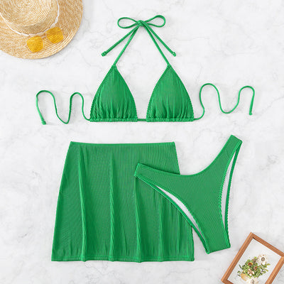 Light green ribbed bikini set featuring a triangle halter top and a matching high-waisted mini skirt. - Image 24