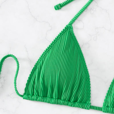 Light green ribbed bikini set featuring a triangle halter top and a matching high-waisted mini skirt. - Image 25