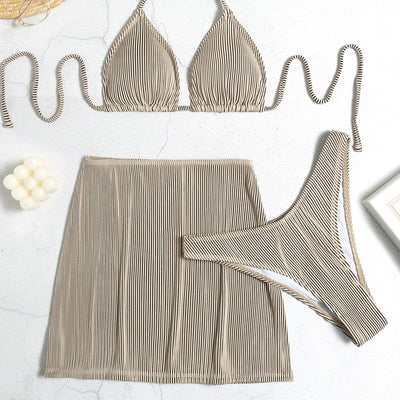Light green ribbed bikini set featuring a triangle halter top and a matching high-waisted mini skirt. - Image 26