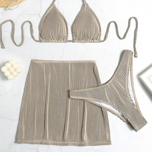 Light green ribbed bikini set featuring a triangle halter top and a matching high-waisted mini skirt. - Image 26