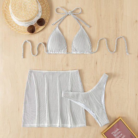 Light green ribbed bikini set featuring a triangle halter top and a matching high-waisted mini skirt. - Image 31