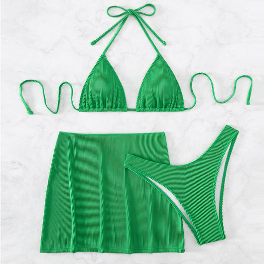 Light green ribbed bikini set featuring a triangle halter top and a matching high-waisted mini skirt. - Image 33