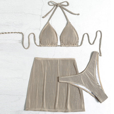Light green ribbed bikini set featuring a triangle halter top and a matching high-waisted mini skirt. - Image 35