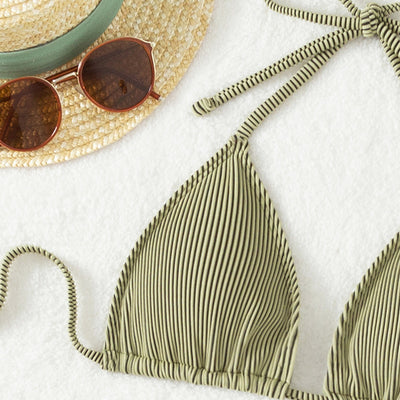 Light green ribbed bikini set featuring a triangle halter top and a matching high-waisted mini skirt. - Image 37