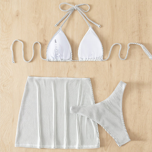 Light green ribbed bikini set featuring a triangle halter top and a matching high-waisted mini skirt. - Image 38