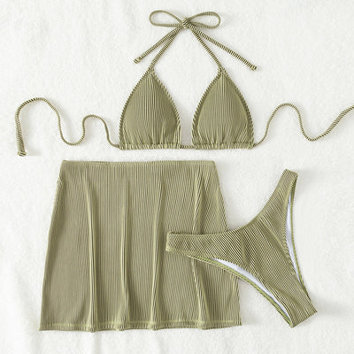 Light green ribbed bikini set featuring a triangle halter top and a matching high-waisted mini skirt. - Image 39