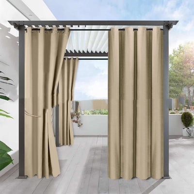 Light gray blackout curtains with grommets hanging from a dark gray pergola on an outdoor patio. - Image 9