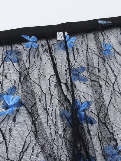 Women's black bikini three-piece set with a spaghetti strap top, matching bottoms, and sheer voile pants with blue butterfly appliques. - Image 17