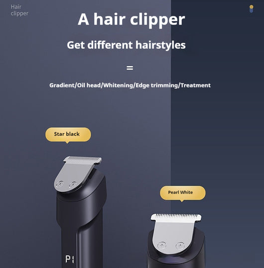 White electric hair clipper with a black top, silver blade, digital display, and power button on a dark base. - Image 6