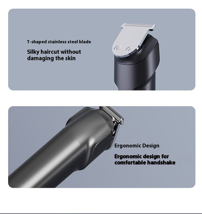 White electric hair clipper with a black top, silver blade, digital display, and power button on a dark base. - Image 7