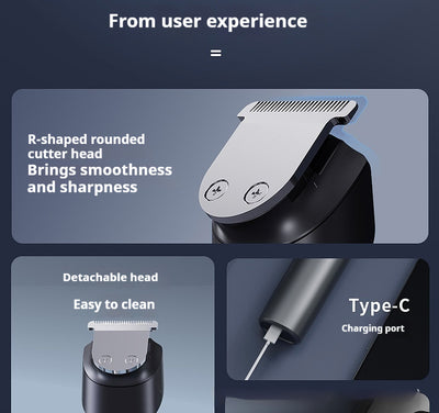 White electric hair clipper with a black top, silver blade, digital display, and power button on a dark base. - Image 13