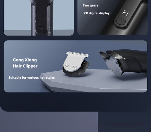 White electric hair clipper with a black top, silver blade, digital display, and power button on a dark base. - Image 14