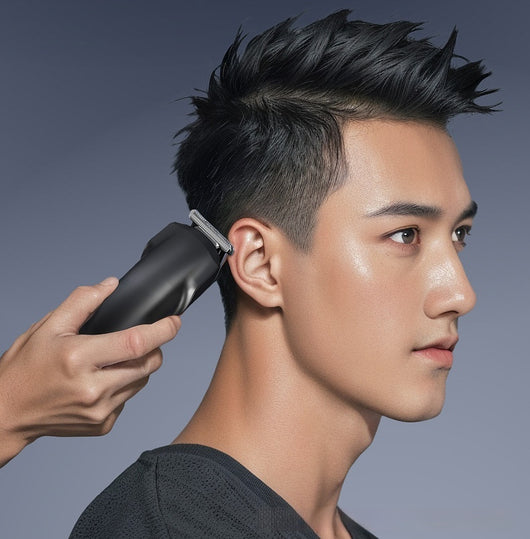 White electric hair clipper with a black top, silver blade, digital display, and power button on a dark base. - Image 15