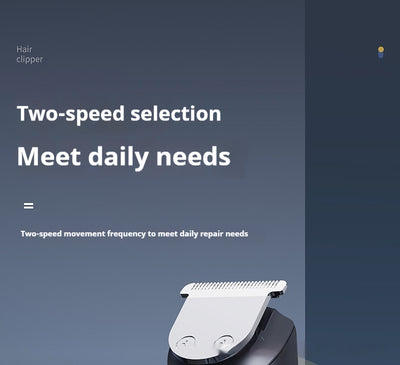 White electric hair clipper with a black top, silver blade, digital display, and power button on a dark base. - Image 21