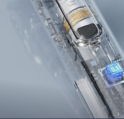 White electric hair clipper with a black top, silver blade, digital display, and power button on a dark base. - Image 24