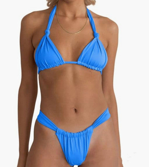 Light blue two-piece bikini with a halter triangle top and knotted straps. Features a thong-style bottom with side ruching. - Image 19
