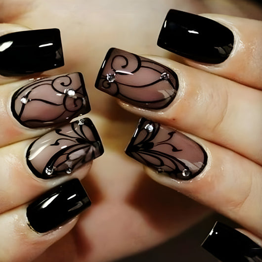 Uñas Postizas Negras Estilo Dark Ins con Diseño de Viñas - Image 6