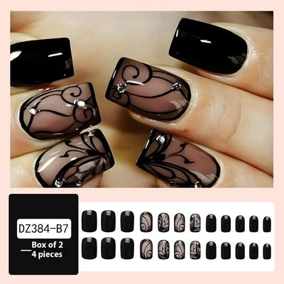 Uñas Postizas Negras Estilo Dark Ins con Diseño de Viñas - Image 7