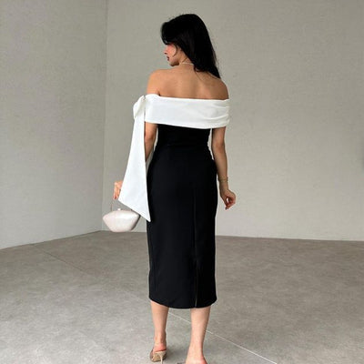 Vestido de Cóctel Elegante con Hombros Descubiertos y Moño en Blanco y Negro - Image 7