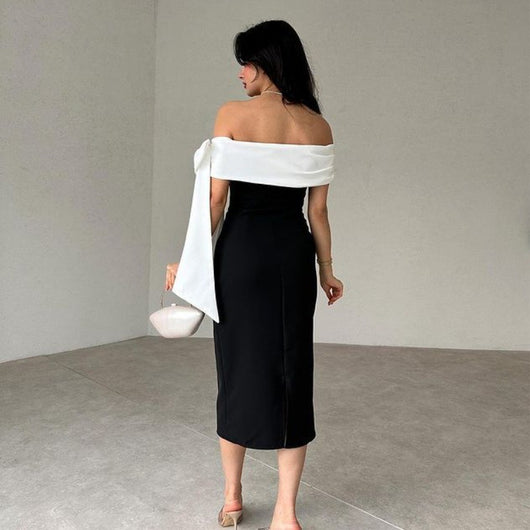 Vestido de Cóctel Elegante con Hombros Descubiertos y Moño en Blanco y Negro - Image 7
