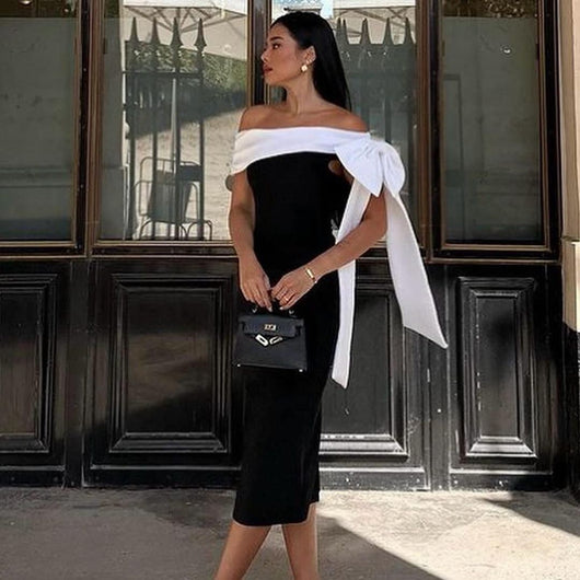 Vestido de Cóctel Elegante con Hombros Descubiertos y Moño en Blanco y Negro - Image 8