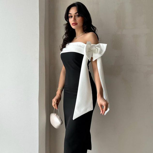 Vestido de Cóctel Elegante con Hombros Descubiertos y Moño en Blanco y Negro - Image 10