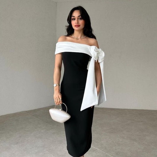 Vestido de Cóctel Elegante con Hombros Descubiertos y Moño en Blanco y Negro - Image 11