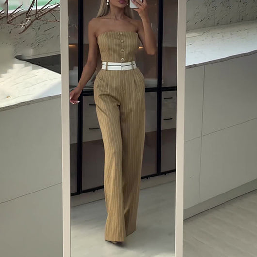 Jumpsuit de Tubo Rayado con Cintura Alta y Hombros Descubiertos - Pantalón Ancho para Mujer - Image 8