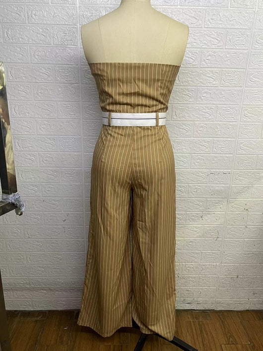Jumpsuit de Tubo Rayado con Cintura Alta y Hombros Descubiertos - Pantalón Ancho para Mujer - Image 9
