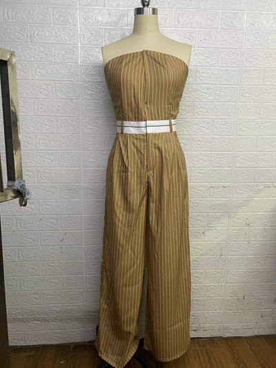 Jumpsuit de Tubo Rayado con Cintura Alta y Hombros Descubiertos - Pantalón Ancho para Mujer - Image 12